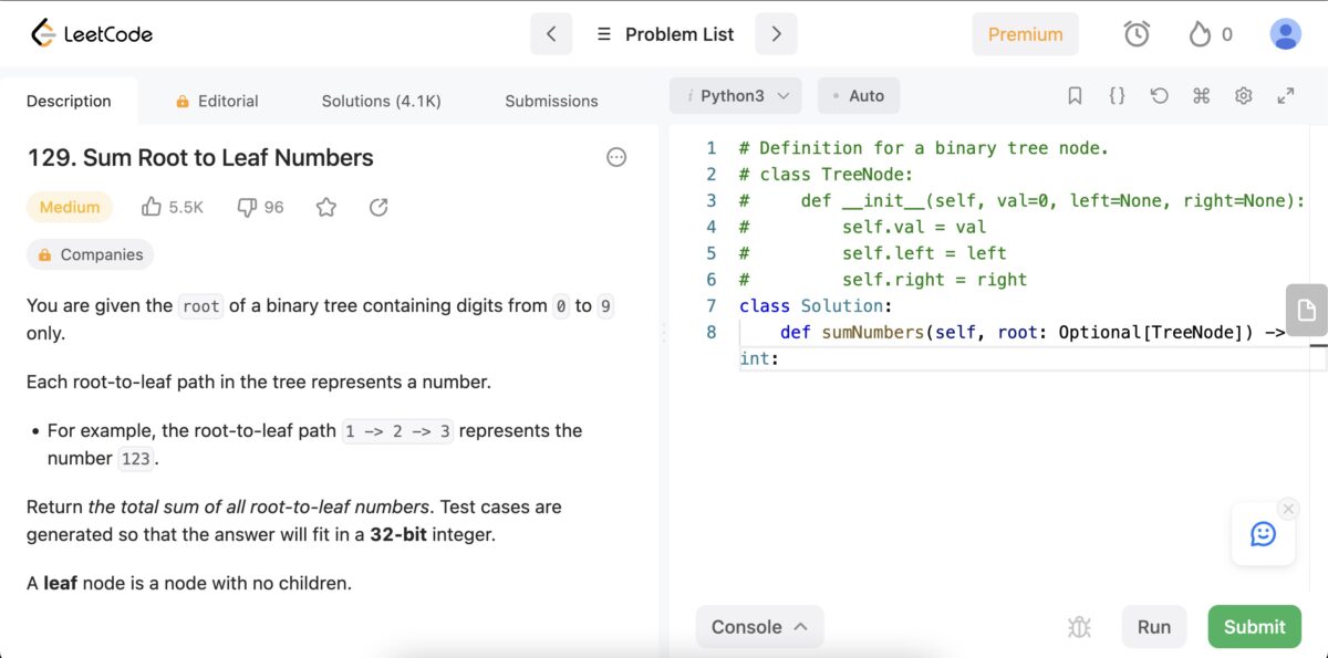 LeetCode coding challenge interface